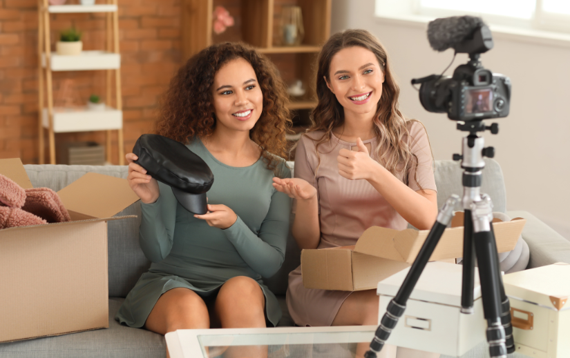 Two women showcasing a product during a dropshipping video shoot, with a camera recording in the foreground.